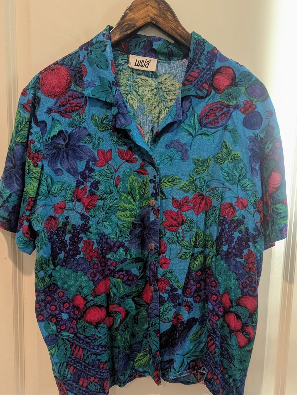 Ladies Blue Tropical Floral Button-Up Shirt